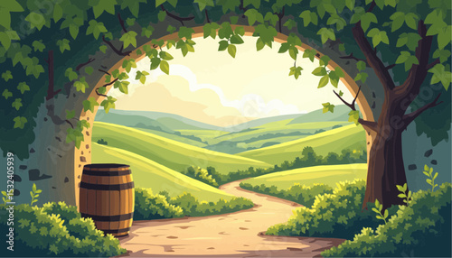 Rolling hills landscape with stone arch and barrel