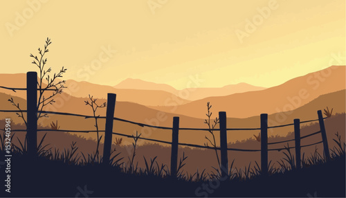 Mountain Landscape with Fence and Grass Silhouette at Sunset