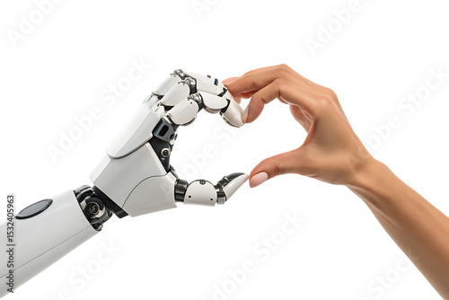 Human and robot hand forming heart shape isolated on a white background png generated ai