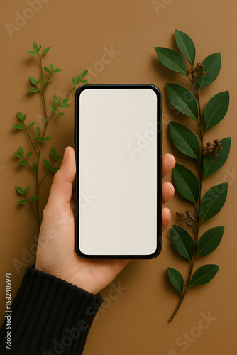 茶色の背景に手で持たれた白い空白画面のスマートフォン。左右に配置された緑の葉や実が自然なアクセントを添える、ミニマルでスタイリッシュなモックアップ構成