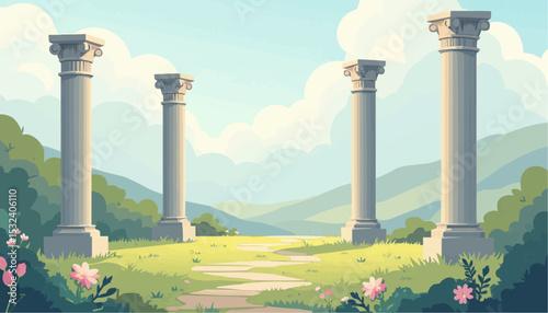 Four stone pillars on a grassy landscape