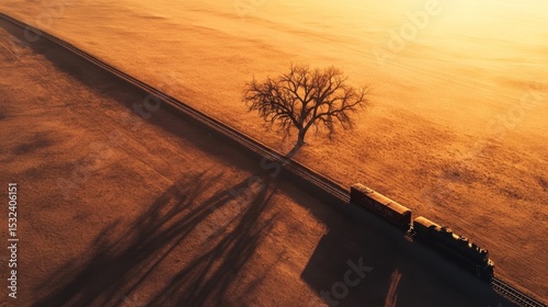 Golden Hour Train Journey: A Lone Tree's Silhouette Against Vast Fields