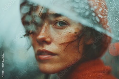 Woman's Face Behind Rain-Streaked Window