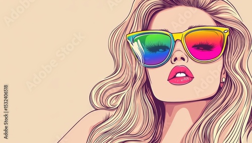 Flowing black hair, rainbow striped sunglasses, a soft beige background, and a pop of red shirt are the elements that make up a woman's pride