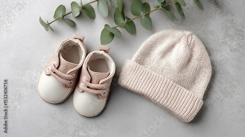 Stylish mockup showcasing a pair of baby shoes and a matching knit hat styled in soft light colors photo