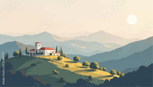 House on Hill with Mountains and Trees