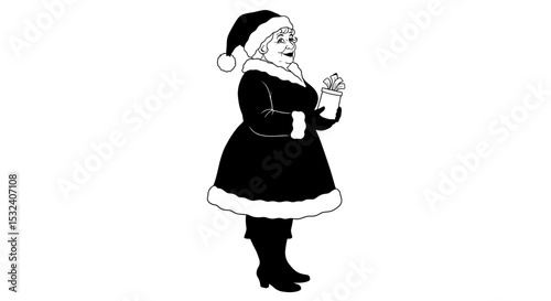 Mrs claus holding a present in black and white art silhouette