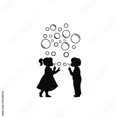 kids blowing Soap Bubbles, Bubble Playtime boy and girl vector, Childhood delight, joyful movement Carefree childhood Playful kids Blowing bubbles together happy childhood memories Vector boy and girl
