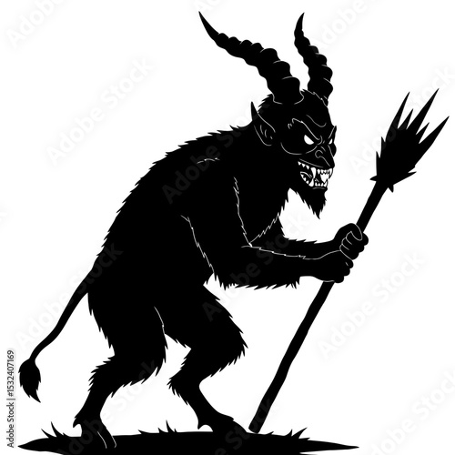 Silhouette of a horned demon holding a pitchfork