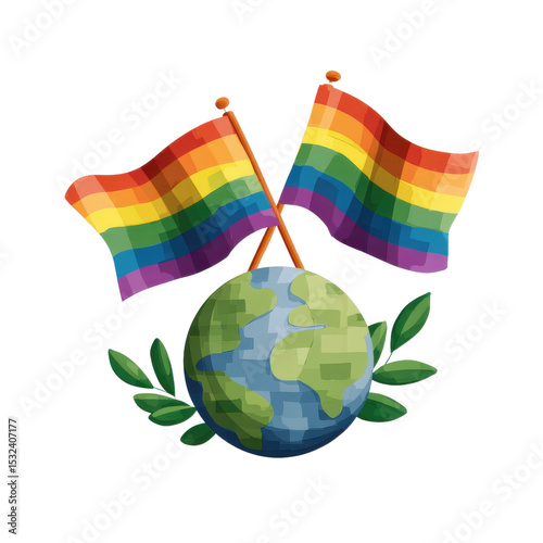 Celebrating Global Inclusion: Vibrant rainbow flags wave proudly above a representation of the Earth. a symbol of universal acceptance.