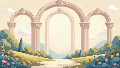 Stone Arches in Landscape with Flowers and Trees