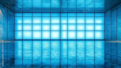 A futuristic illuminated blue room with glowing glass walls and reflective flooring, creating a clean, minimal, high-tech interior environment with symmetrical geometric design.