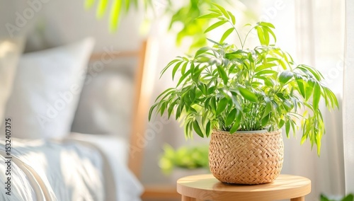 Contemporary hotel rooms are characterized by the combination of a wooden bedside table, a woven plant pot, and an elegant gray upholstered headboard, all of which work together to create a