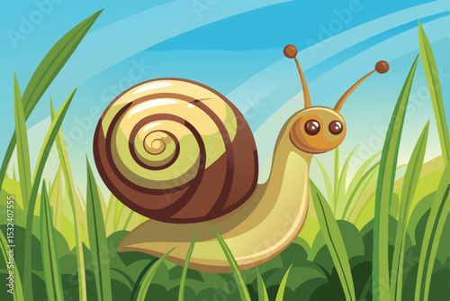 Funny cartoon snail on a green grass with a cute shell, a slow and happy nature illustration