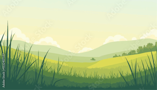 Green Meadow Landscape with Grass Hills and Clouds