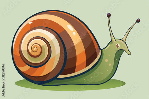 Cute cartoon snail with a spiral shell on a green leaf illustration