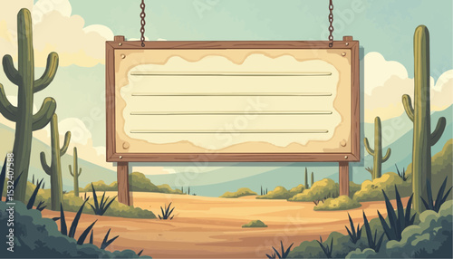 Desert landscape with blank sign, illustration