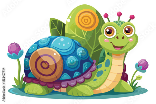 Cute cartoon snail with a green shell on a leaf