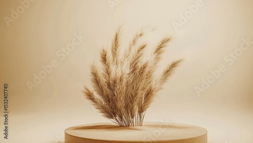 In an abstract rendering, a brown podium is utilized for the presentation of products