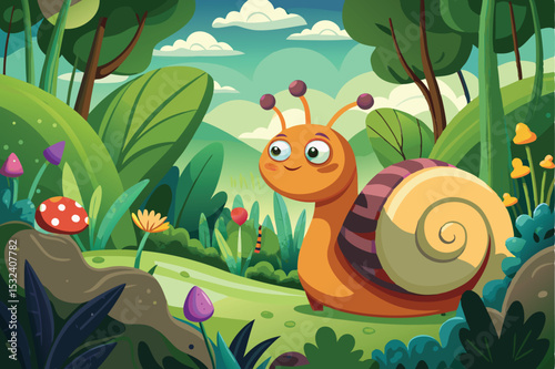 Cute cartoon snail character on a green leaf in nature
