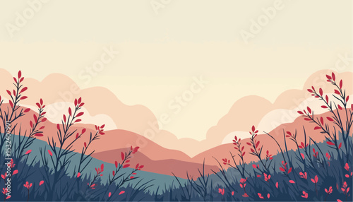 Mountain Landscape Illustration with Plants and Sky