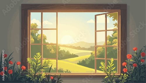 Window view on field landscape with sunset