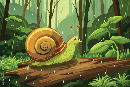 A cute cartoon snail with a brown shell slowly smiles on a green leaf, a funny illustration of nature's small garden character