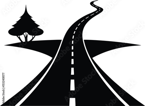 Road highway with tree silhouette, Long straight country road with tall bare trees on both side vector illustration