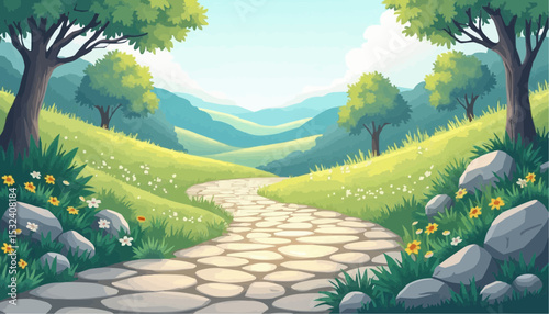 Stone Path Green Hills Cartoon Landscape