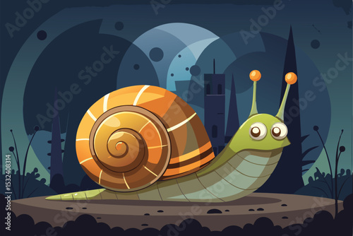 Cute cartoon snail on a skateboard with a flower, symbolizing fun and slow but happy progress in nature