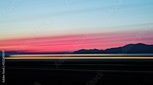 Scenic Sunset with Vibrant Colors and Motion Blur Creating a Dreamlike Effect of a Train Passing Through a Serene Landscape at Dusk