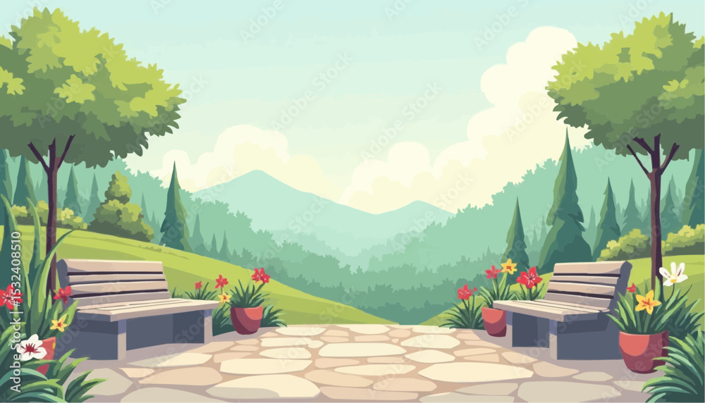 Cartoon park with benches and flowers in a peaceful scenery