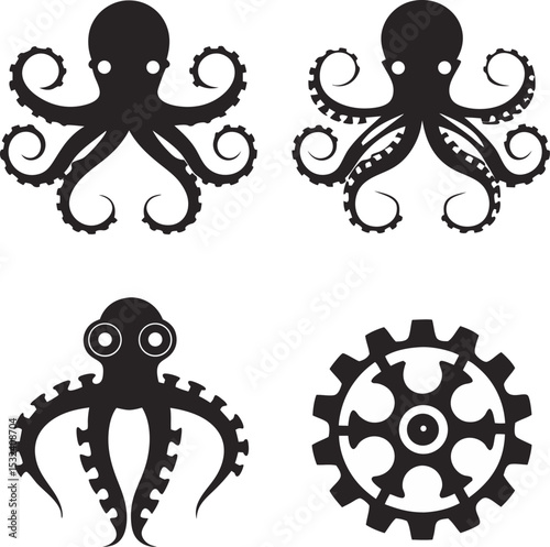 Vector graphic illustrations of stylized octopus designs and mechanical gear