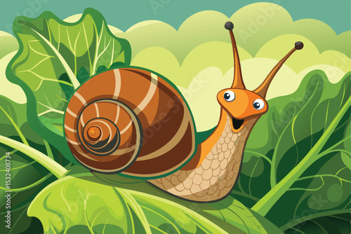 Cute cartoon snail with a brown shell slowly smiles on a green leaf in nature, a funny illustration