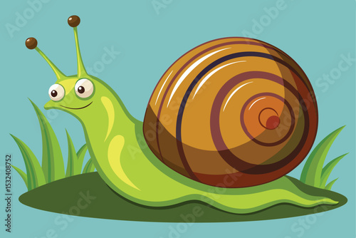 Cartoon art of a funny snail with a colorful shell on a green leaf, a cute symbol of slow garden nature