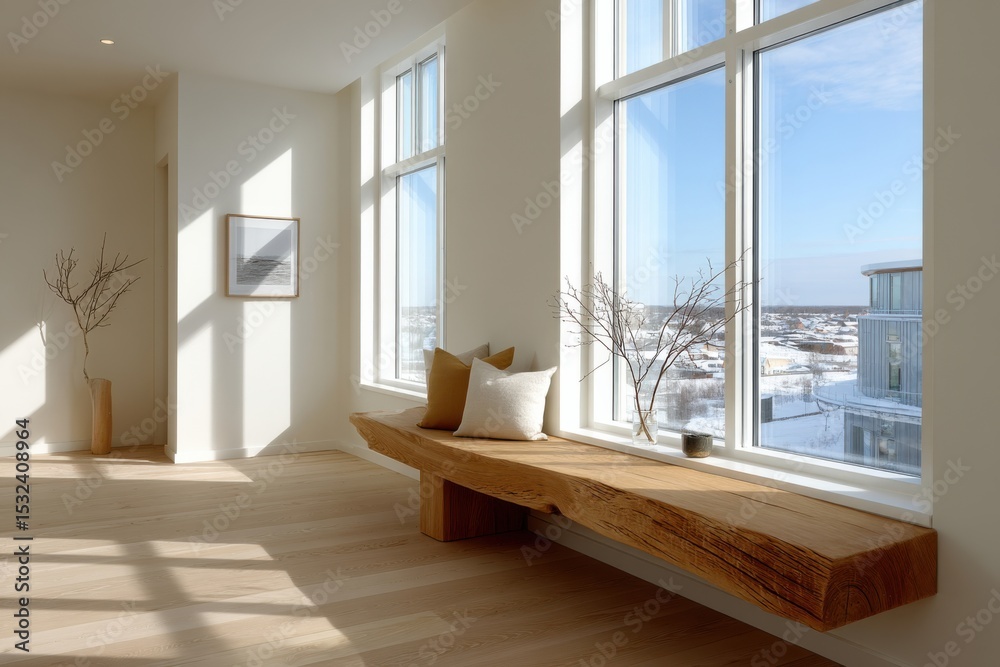 Fototapeta premium Bright interior space with minimalist design and large windows showcasing a scenic view on a clear day