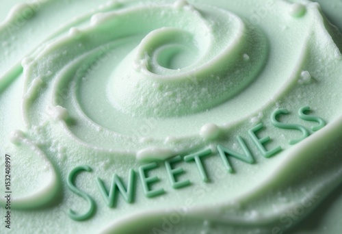 Close-up of mint green frosting with the word Sweetness embossed