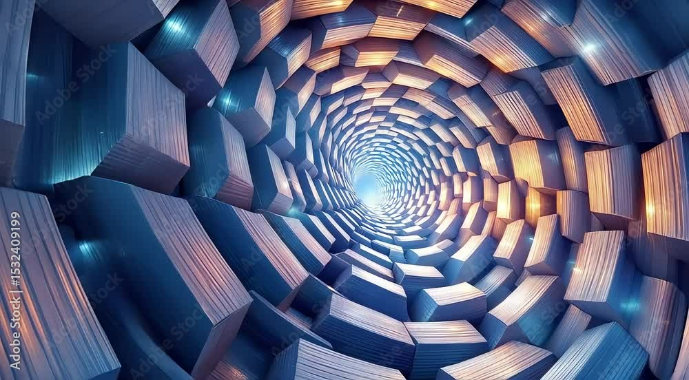 A continuous 3D spiral formed from interlocking rectangular prisms that gradually twist and distort in space