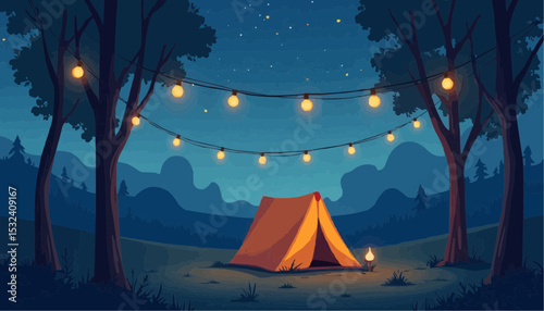 Camping Tent at Night Illustration with Lights