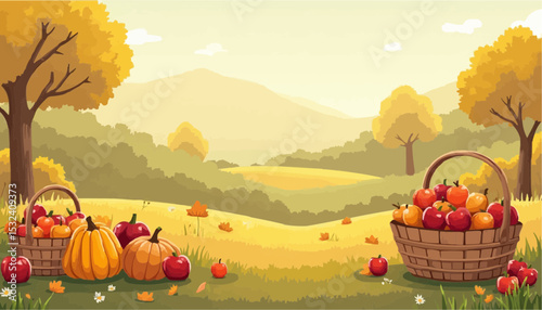 Pumpkin and apple in autumn landscape
