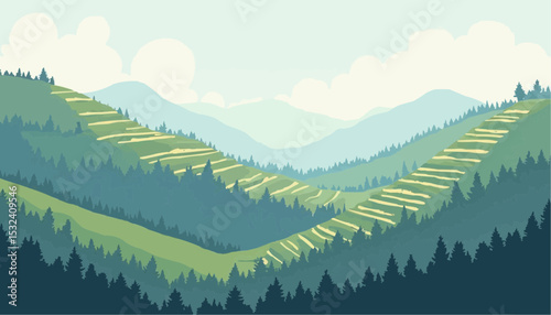 Green Mountain Landscape with Trees and Cloudy Sky