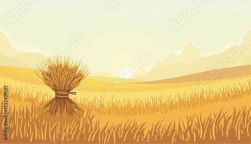 Wheat bundle in golden field cartoon vector
