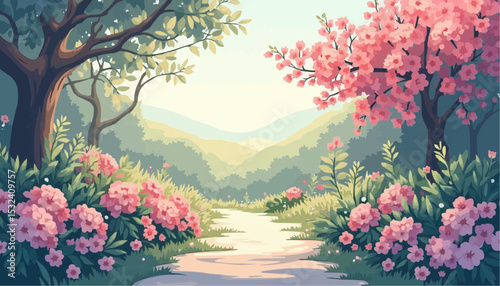 Cartoon flower landscape with path and trees
