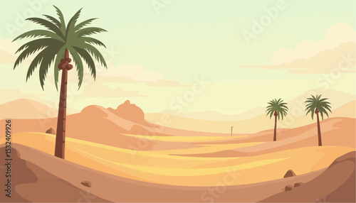 Desert landscape with palm tree dunes and sky