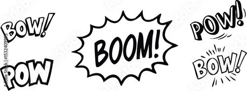Comic boom cartoon effect line element set isolated on transparent background. Comic speech bubble pow, boom text, explosive splash smoke, wow cartoon vector icon. Hand drawn doodle explosive element