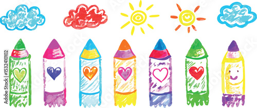 Hand drawn crayon child pencil style icon set isolated on transparent background. Cute rainbow, heart, crown, flower and sun in colorful kid doodle style. Chalk texture, cloud, smile, star and sketch 
