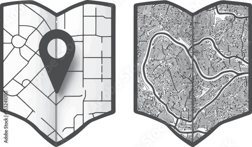 Map Vector Icons with Location Pin and Topographic Map, Isolated.