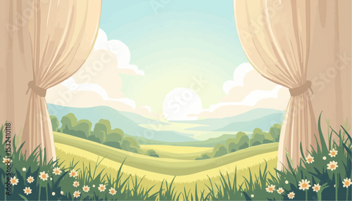 Landscape view through a window with curtains