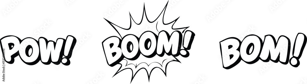 Comic boom cartoon effect line element set isolated on transparent background. Comic speech bubble pow, boom text, explosive splash smoke, wow cartoon vector icon. Hand drawn doodle explosive element