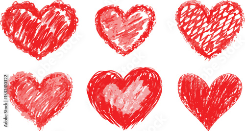 Red crayon heart collection with textured effect isolated on transparent background. Hand drawn romantic shapes in sketchy style showing different strokes and filling patterns. Scribbled love symbols 